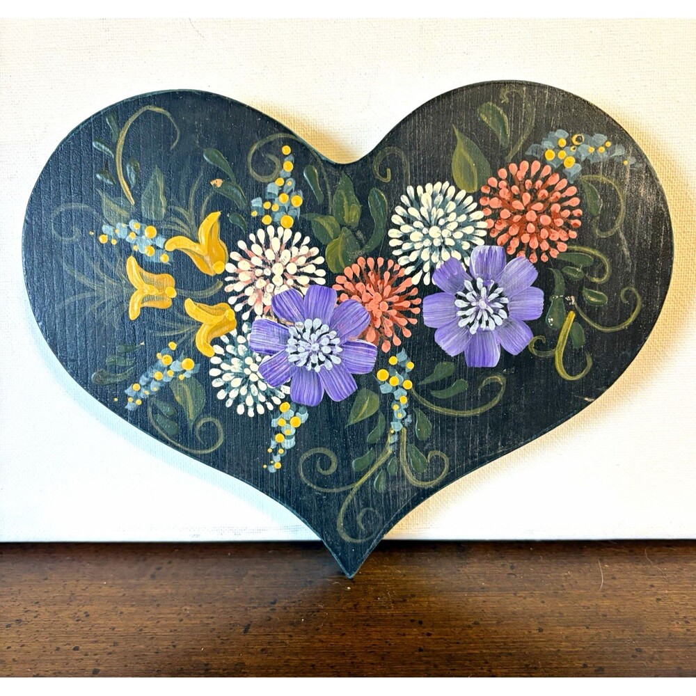 Hand Painted Tole Floral Heart Wood Plaque Black Multicolor Folk Art 8x1